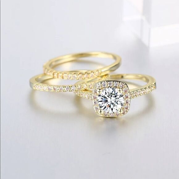 NEW! 18K Yellow Gold Plated Inlaid Diamond Half Circle Stacking Eternity Band - Picture 7 of 11